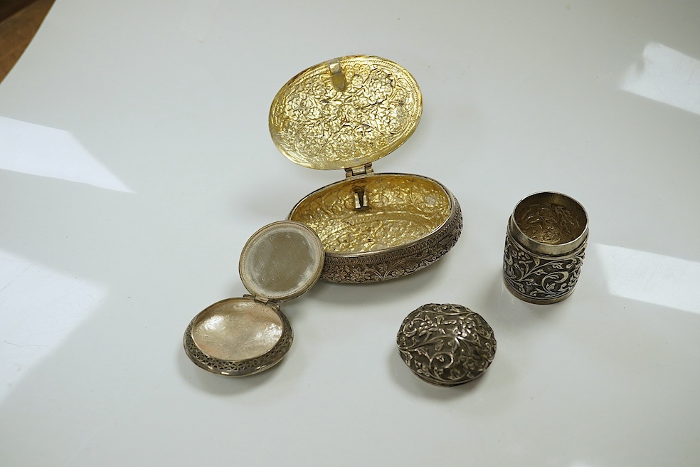 A group of assorted Indian and other foreign white metal wares including a tobacco box. Condition - fair to good.